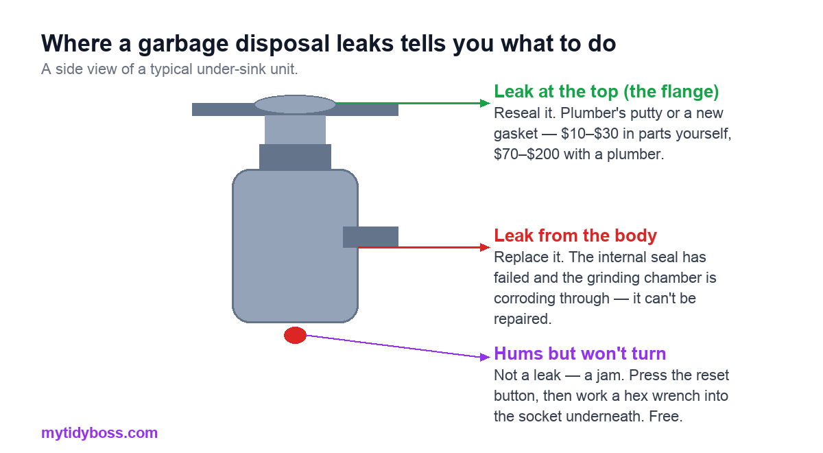 Where a garbage disposal leaks tells you what to do: a leak at the flange (top) is a cheap reseal; a leak from the body means the internal seal has failed and the unit must be replaced.